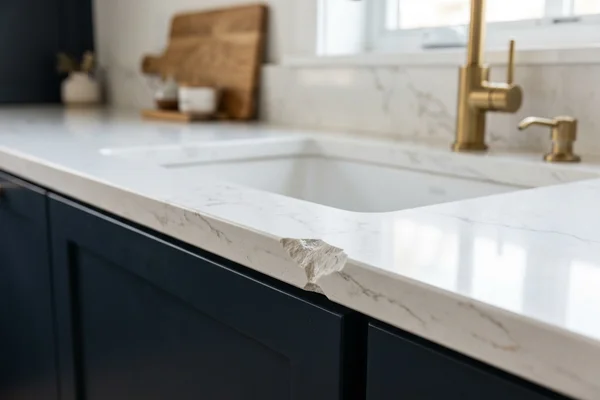Chipped Caesarstone edge beside a sink before repair