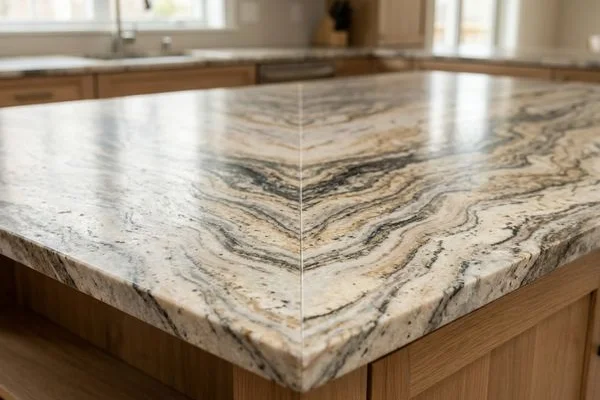 Close-up of a bookmatched granite seam on a kitchen island
