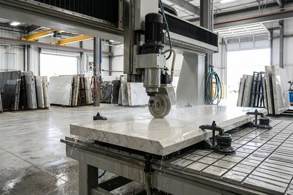 CNC edge profiler polishing a quartz countertop edge