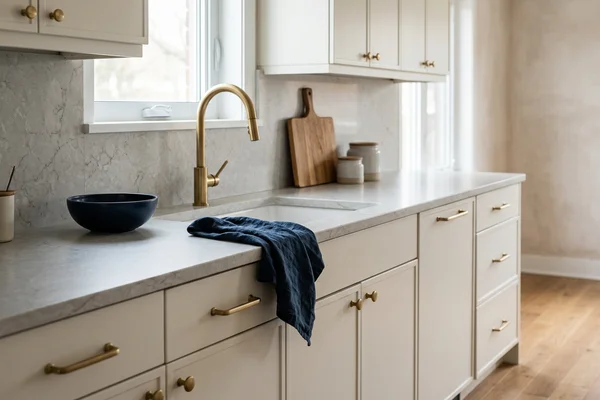East York post-war kitchen with new Hanstone quartz on original cabinets