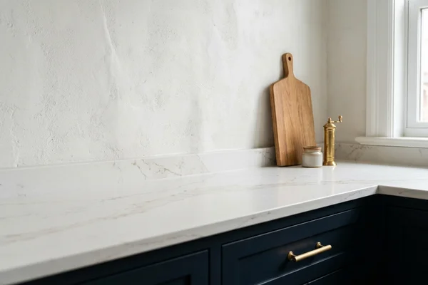 Quartz countertop fitting tight to an uneven heritage wall