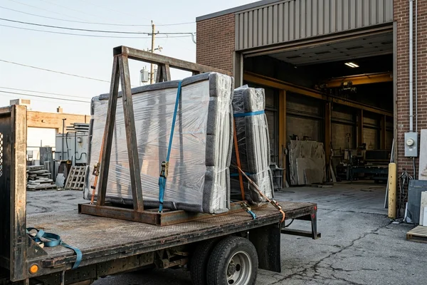 Finished countertop pieces loaded for delivery