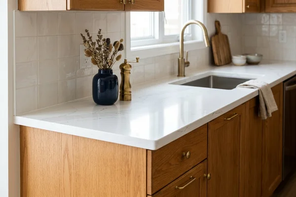 Scarborough kitchen with new quartz countertops installed on original cabinets