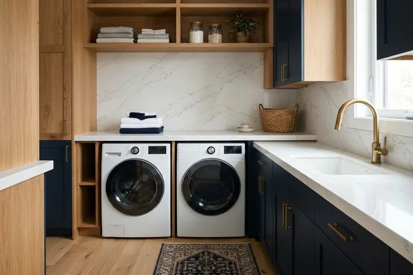 Laundry room quartz folding counter over a washer and dryer