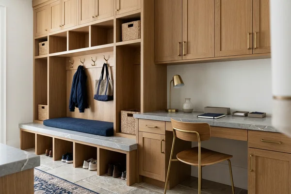Grey quartz mudroom bench and built-in desk