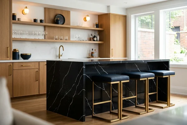 Riverdale basement bar with a Hanstone Marquina waterfall