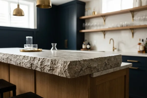 Chiseled edge on a natural stone bar top