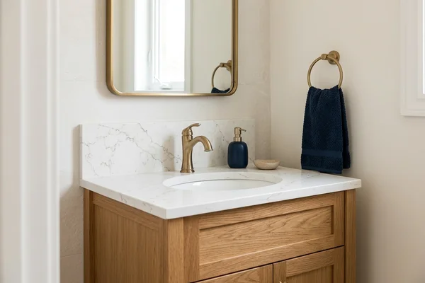 Small ensuite vanity cut from a white quartz remnant slab