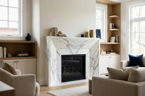 Statuario marble fireplace surround with book-matched veining