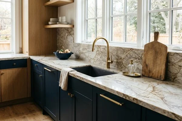 Taupe quartzite perimeter countertop with an undermount sink