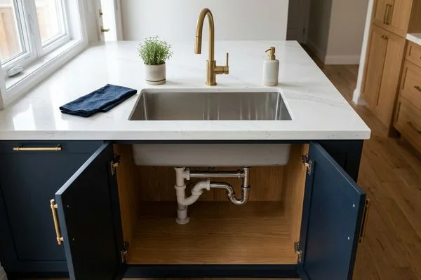 Undermount sink reconnected under a new quartz countertop