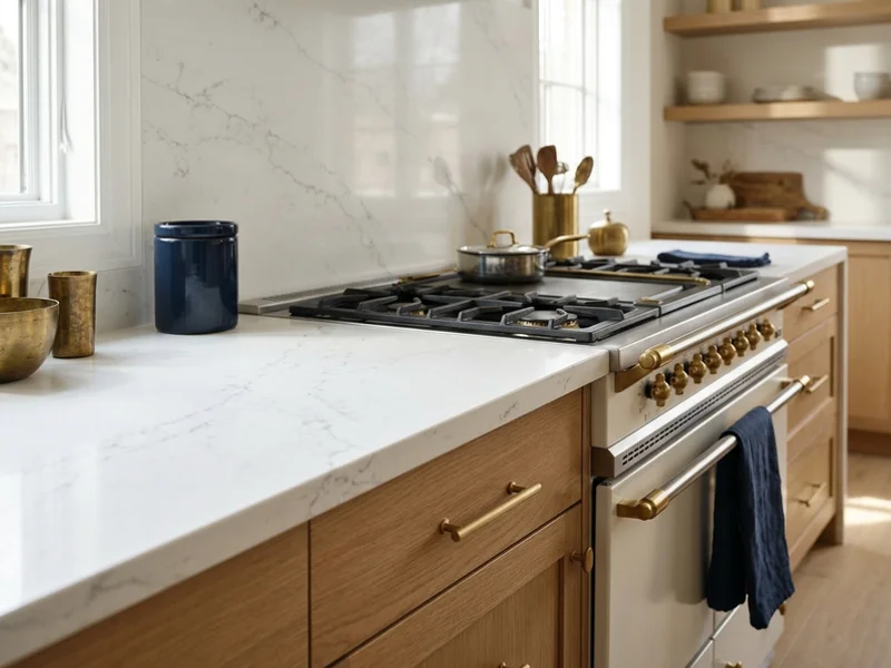 Lawrence Park Caesarstone Frosty Carrina island with the seam behind the range