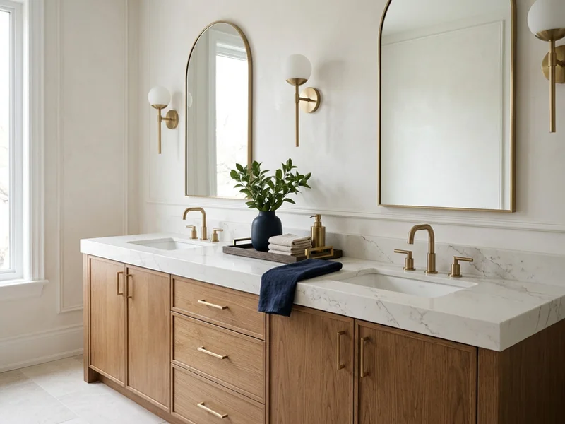 Rosedale Toronto master bath double vanity in Caesarstone Calacatta Nuvo quartz