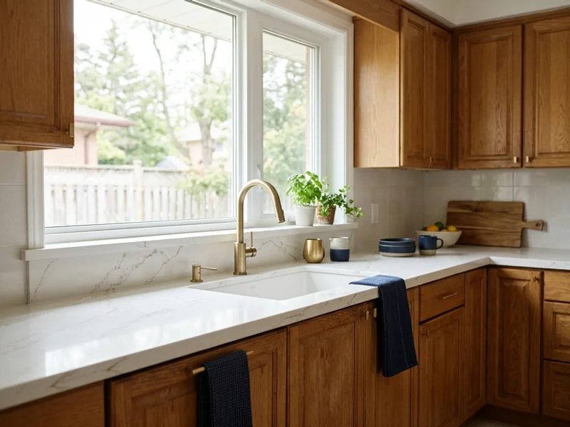 Scarborough Toronto bungalow kitchen with new engineered quartz countertops replacing laminate