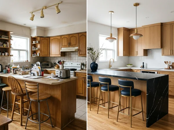 After: Hanstone Marquina quartz countertops with a six-foot waterfall in Riverdale, Toronto