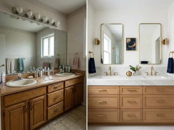 After: Calacatta Nuvo quartz countertops double vanity in Rosedale, Toronto