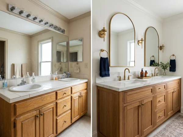 After: Calacatta Nuvo quartz double vanity in the same Rosedale bath