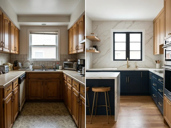 After: Caesarstone quartz kitchen with waterfall island and full-height backsplash in a Riverdale home