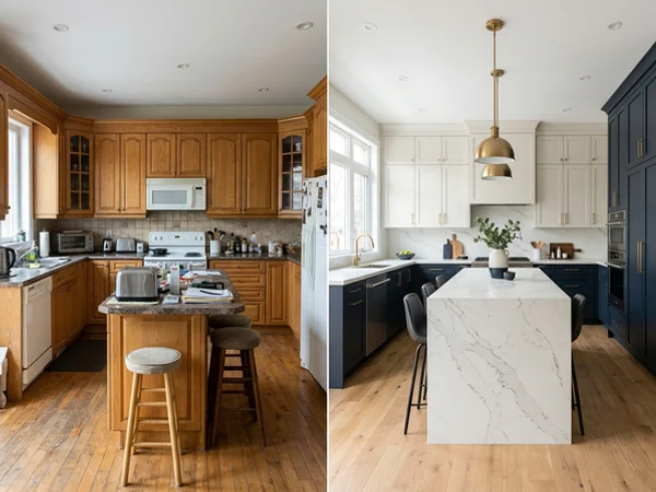 After: Calacatta Nuvo waterfall island with seating in the same Hoggs Hollow kitchen