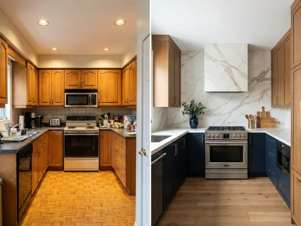 After: Calacatta porcelain range wall beside quartz countertops in Forest Hill, Toronto