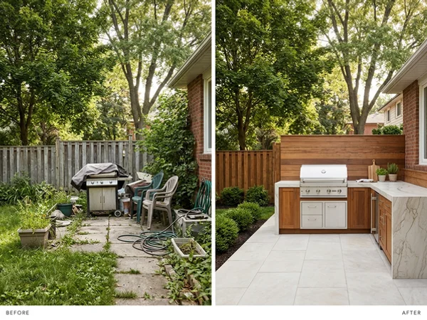 After: large-format porcelain outdoor kitchen in the same Port Credit backyard