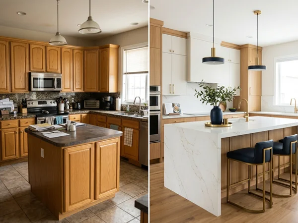After: new quartz island with a CNC mitred apron edge