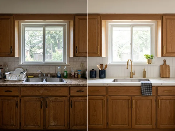 After: engineered quartz countertops on original cabinets in a Scarborough, Toronto bungalow