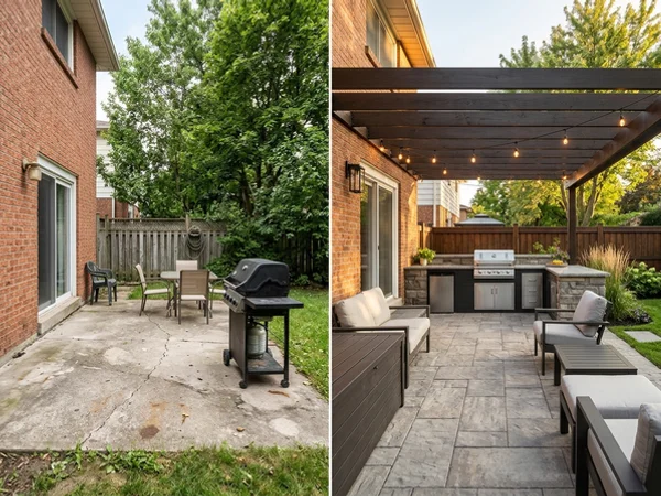Before: bare patio with a freestanding barbecue in Port Credit
