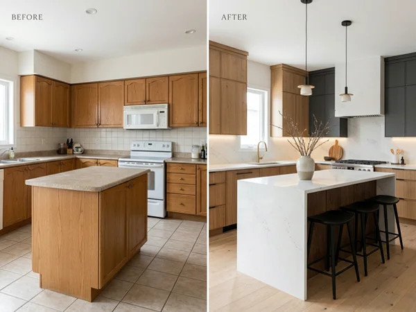 Before: builder-grade laminate island in a Vaughan kitchen