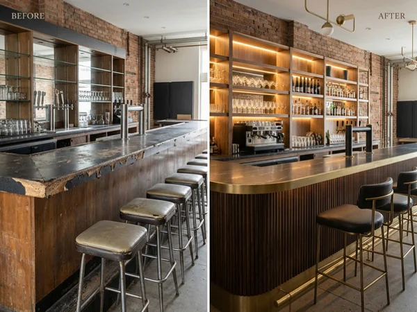 Before: laminate bar top in a Queen West, Toronto restaurant, prior to quartz countertops
