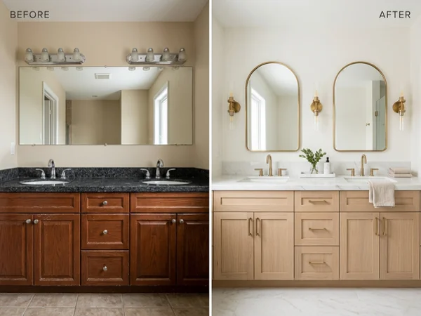 Before: dated granite double vanity in Rosedale, Toronto, prior to quartz countertops