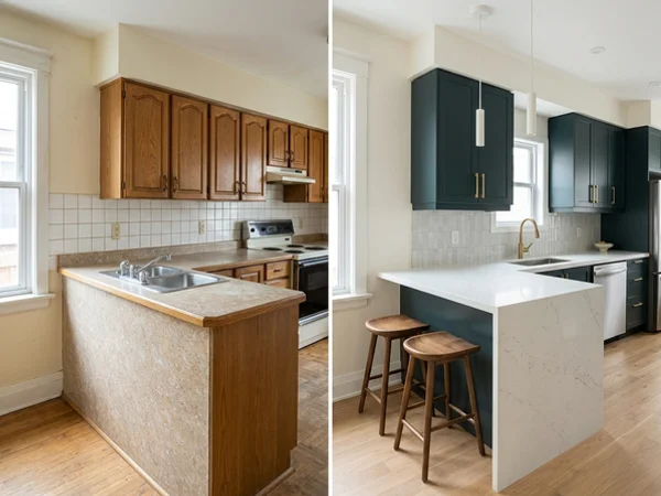 Before: dated laminate peninsula and tile backsplash in a Riverdale kitchen