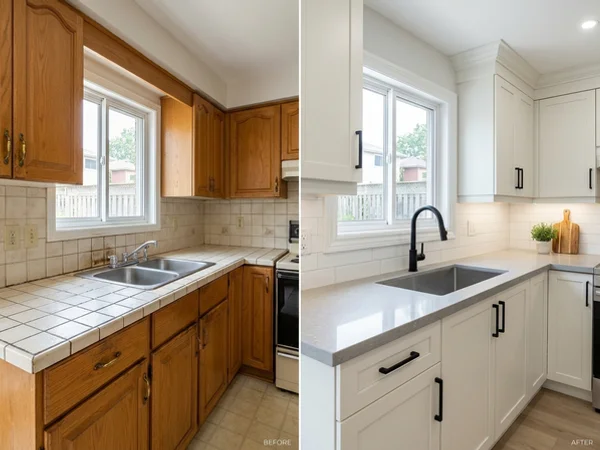 Before: dated tile countertop in a Scarborough kitchen