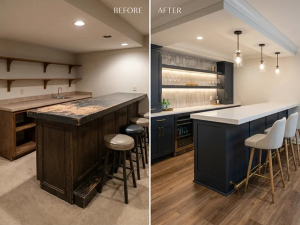 Before: plywood basement bar top in a Vaughan home