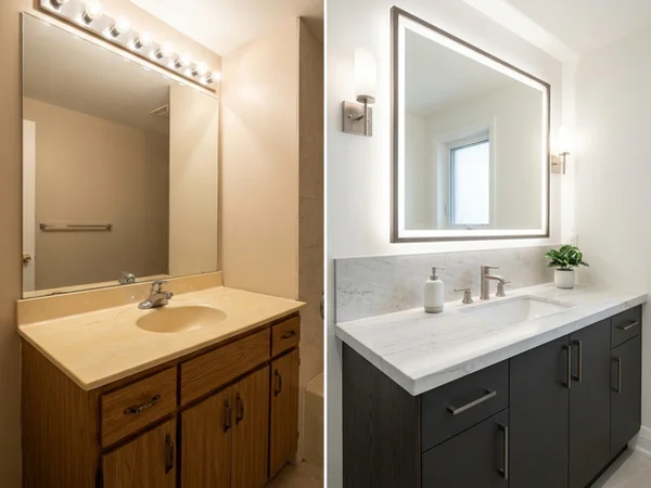 Before: cultured marble vanity in a Yorkville, Toronto condo, prior to quartz countertops