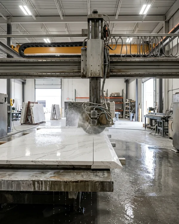 CNC bridge saw cutting a quartz slab in our 20,000 sqft Toronto shop