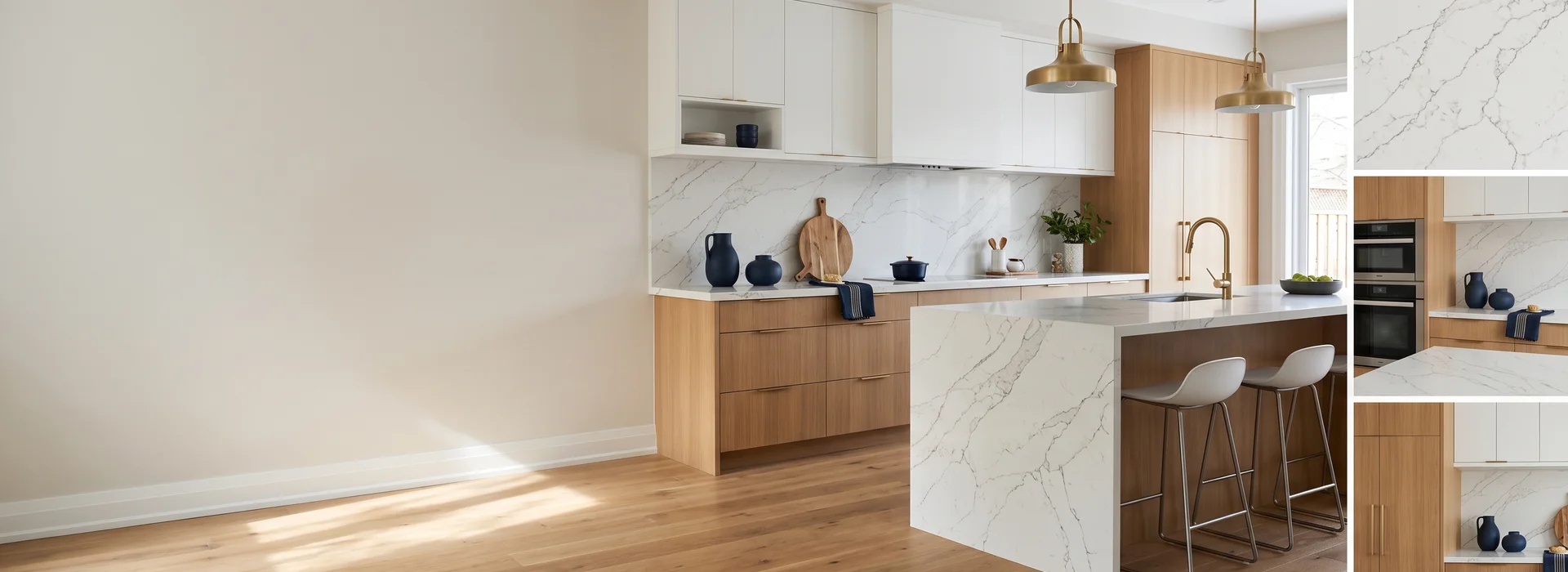 Finished Toronto kitchen with a Caesarstone quartz waterfall island