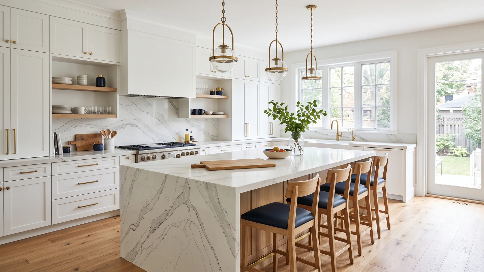 Kitchen with a Cambria Brittanicca quartz island and perimeter countertops