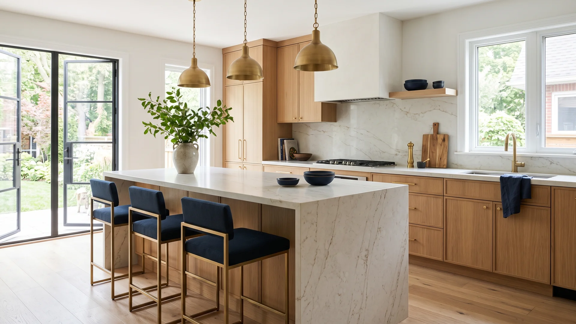 Renovated Toronto kitchen with quartz countertops, a waterfall island and full-height backsplash