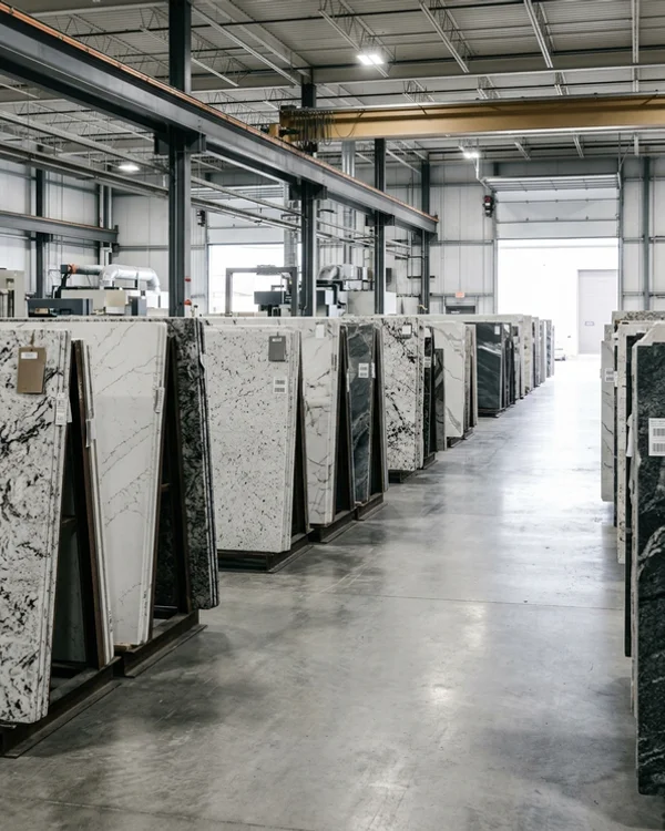 Tagged Caesarstone and Cambria slabs on A-frames in our shop